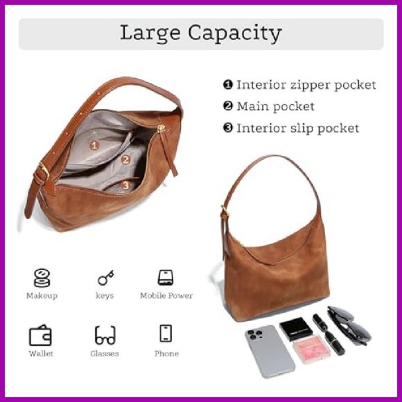 Faux Suede Hobo Bag Medium Size Slouchy Shoulder Purse Vintage Style - Picture 2 of 6